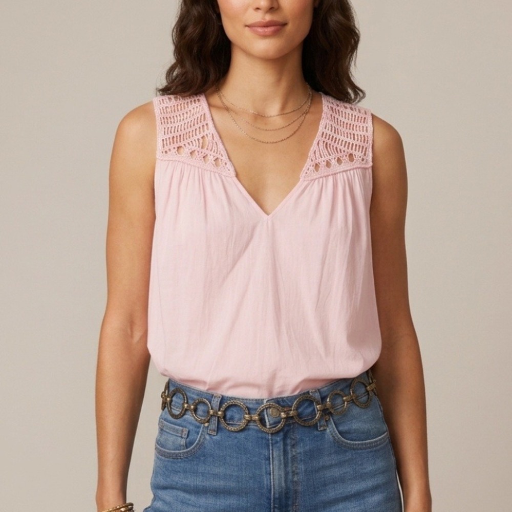 Ramy Brook Elsie Top Candy Pink Sleeveless Tank Crochet Yoke V-Neck Size S NWT